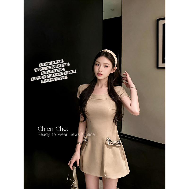 Chien British Preppy Style Old Money Vintage Dress Summer Bow Plaid Waist-Cinching Short-Sleeve Dress for Women