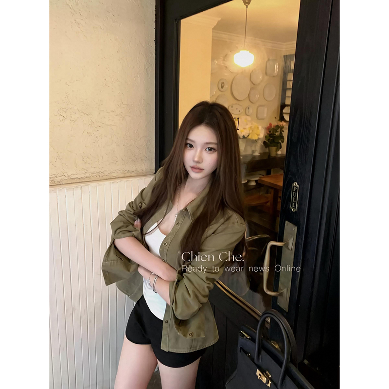 Chien Vintage Distressed Denim Shirt Top Early Autumn Old Money Style Regular Shoulder Fitted Waist Lapel Jacket for Women