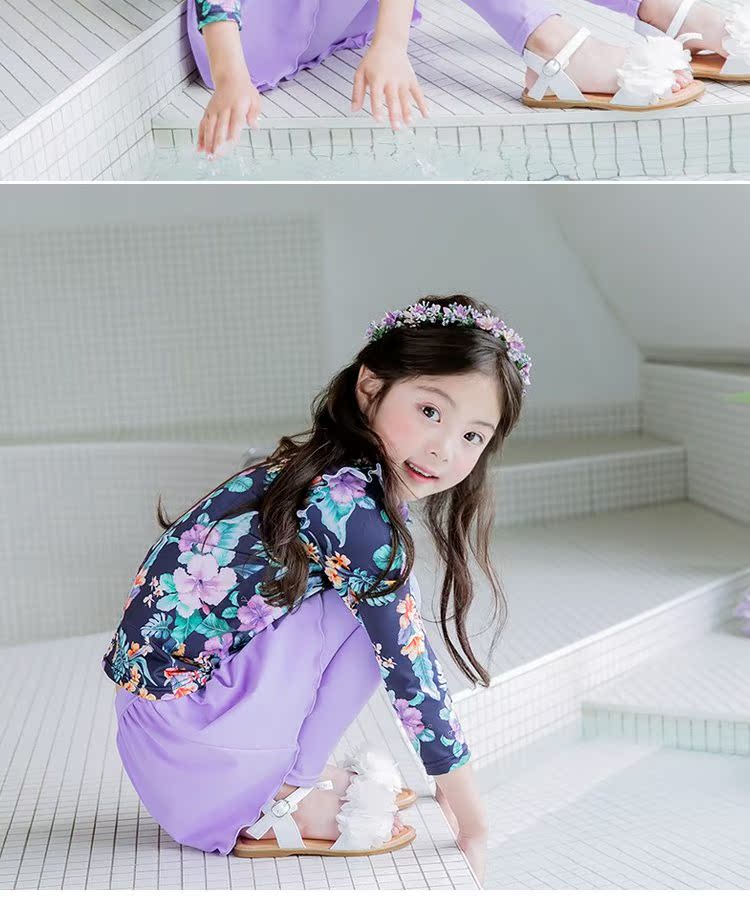 Hàn Quốc nhập khẩu áo chống nắng cho bé gái áo tắm nhanh quần áo bơi trẻ em công chúa quần dài tay váy xẻ áo tắm E067 - Bộ đồ bơi của Kid áo tắm cho bé