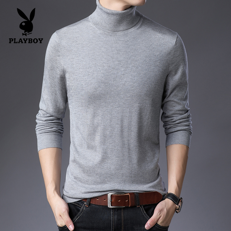 Flowers Playboy cashmere sweater sweater men's thin section High collar autumn Winter pure color casual knit undershirt Korean version of the tide