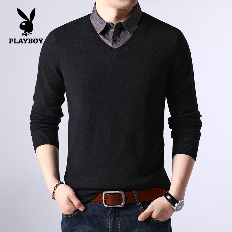 Flowers Playboy fake two sweater men's shirt collar jacket head loose knit undershirt autumn men's pure goat sweatshirt