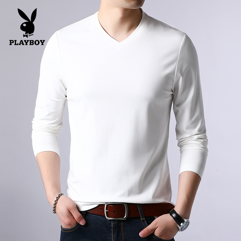 Flowers Playboy mulberry silk Men's long sleeve T-shirt V collar Fall men's clothing Bottoms Shirts trends Compassionate Spring Autumn Clothes