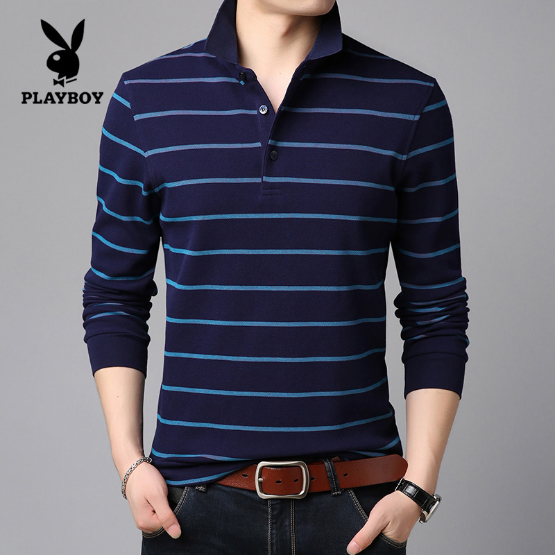 Flowers Playboy Spring Autumn Season Middle Aged Men Long Sleeves T-shirt Pure Cotton Turtlenecks Dpa Blouse Striped Men's Jersey Undershirt