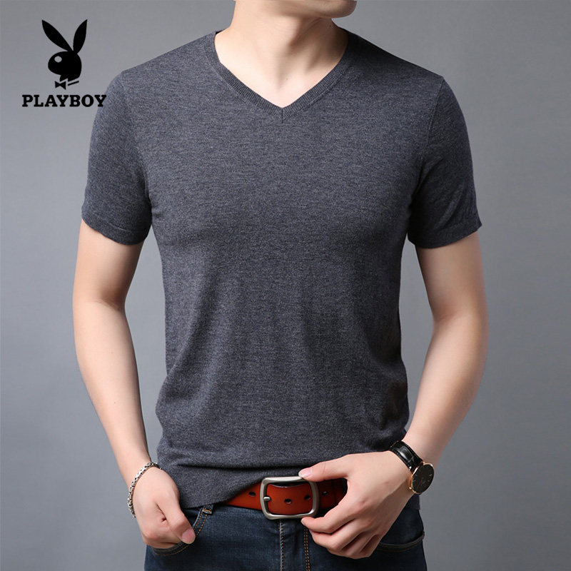Flowers Playboy men's wool sweatshirt pure color slim fit short sleeve T-shirt male V collar slim fit half sleeve T-shirt knit undershirt