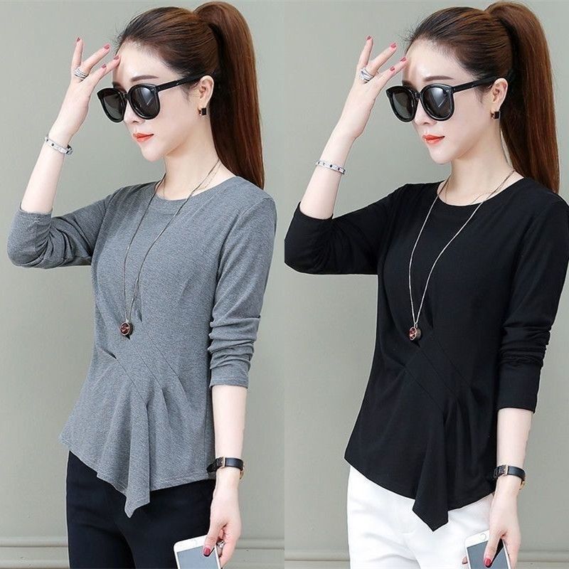 Irregular T-Shirt for Women, Suitable for Spring, Summer, Autumn, and Winter, Versatile Long-Sleeve, Waist-Cinching, Slimming, Pleated Base Shirt, Stylish and Age-Reducing Top, Trendy T-Shirt