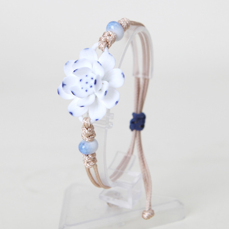Trang sức Qingge Jingdezhen Trang sức gốm sứ / Trang sức dệt vòng đeo tay Nữ hoa sen trắng Handmade / Rope Gift vòng tay pandora pnj
