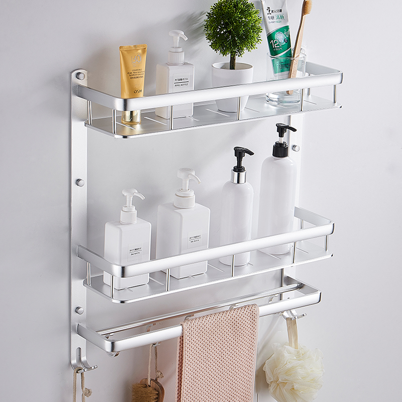 Free Punching Folding Bath Towel Rack Space Aluminum Towel Rack Three Layers Thickened Bathroom Shelve Makeup Room Hardware Pendant
