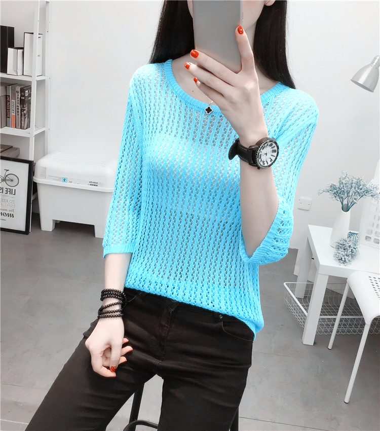 Áo len nữ openwork mùa xuân và mùa hè áo cánh mỏng mất 5 điểm và một nửa tay áo sơ mi nữ phiên bản Hàn Quốc của phần mỏng lười biếng áo khoác len nữ