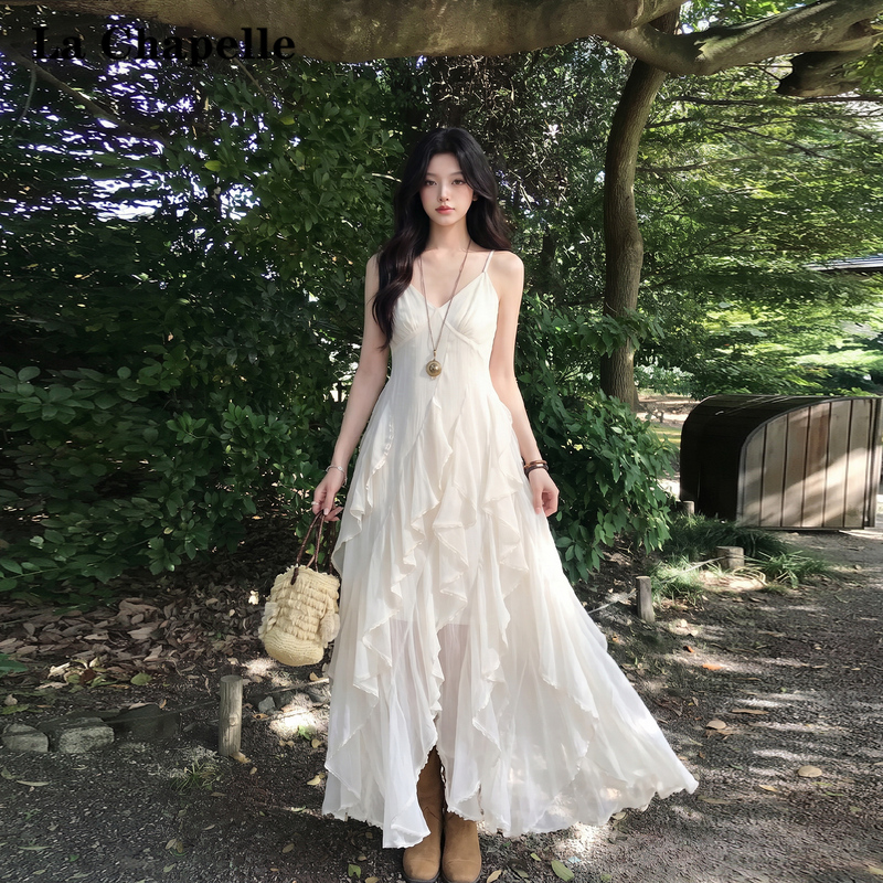 La Chapelle French V-Neck Mesh Tiered Dress for Women 2026 New Summer Slimming Vacation Beach Long Dress