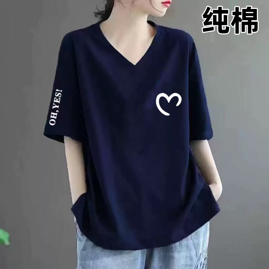品牌折扣纯棉V领遮肉显瘦短袖T恤韩版潮夏季时尚宽松气质上衣女士