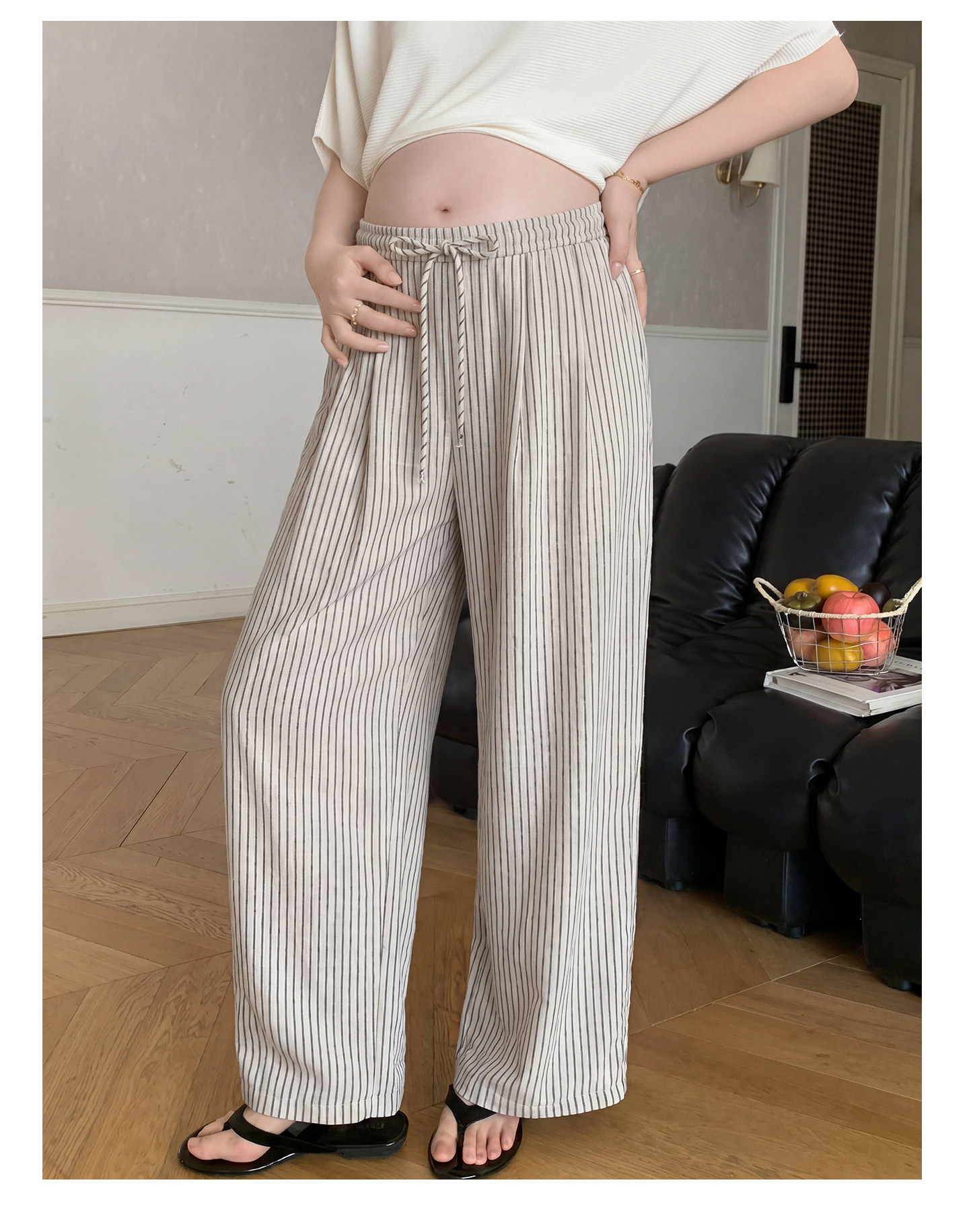 Zma Vertical Stripe Linen ● Maternity Pants Summer Thin Style 2026 Summer Collection Relaxed Loose Wide-Leg Pants Pregnancy Long Pants — 42