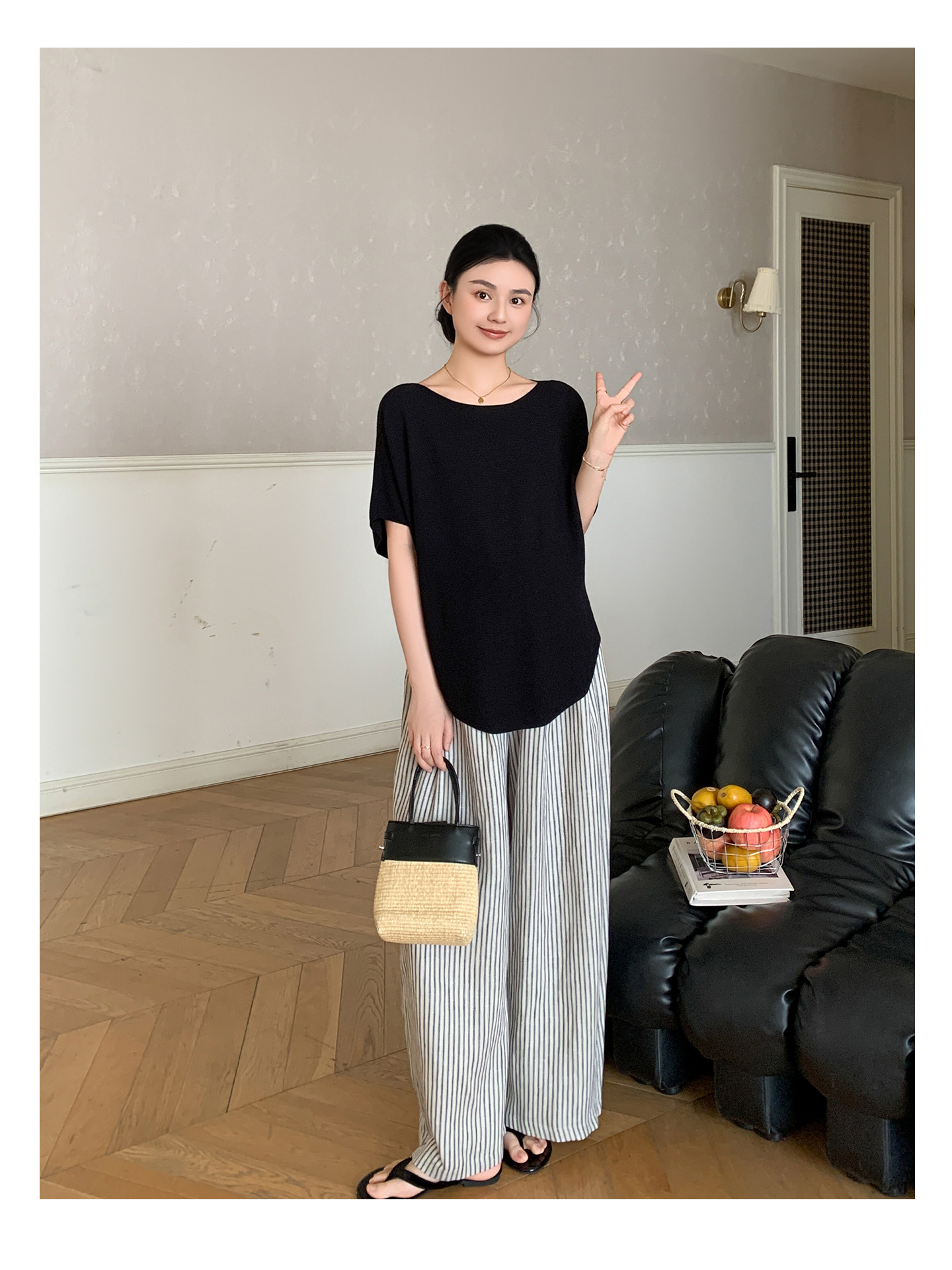 Zma Vertical Stripe Linen ● Maternity Pants Summer Thin Style 2026 Summer Collection Relaxed Loose Wide-Leg Pants Pregnancy Long Pants — 45