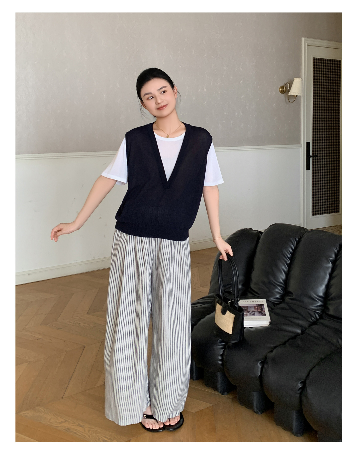 Zma Vertical Stripe Linen ● Maternity Pants Summer Thin Style 2026 Summer Collection Relaxed Loose Wide-Leg Pants Pregnancy Long Pants — 35