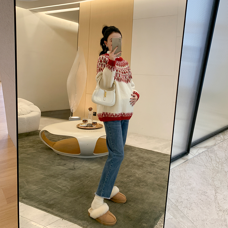 ZMA Pregnant Women Suit Autumn Winter 2023 New Round Collar Sweater Blouse Women Winter Clothing Fashion Pregnant Woman Pants Two Sets-Taobao