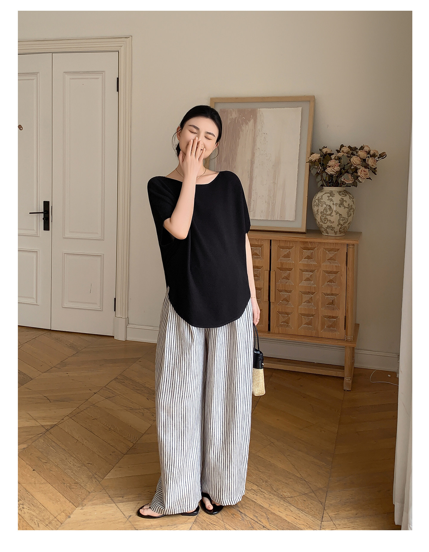 Zma Vertical Stripe Linen ● Maternity Pants Summer Thin Style 2026 Summer Collection Relaxed Loose Wide-Leg Pants Pregnancy Long Pants — 40