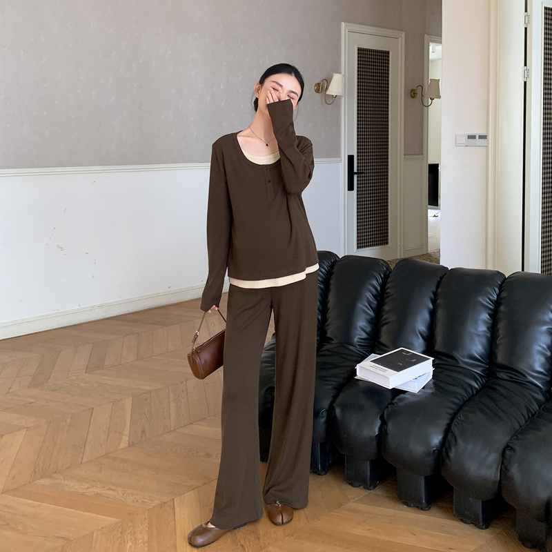 Zma Goes to Meet Tea Brown ● Maternity Wear Set, New Autumn Style, Fake Two-Piece Top, Women's Casual Straight-Leg Pants