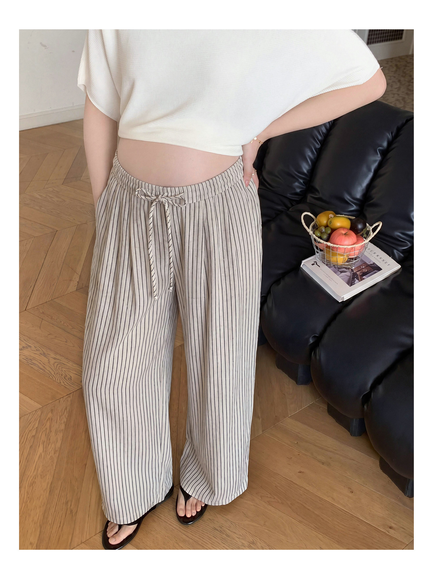 Zma Vertical Stripe Linen ● Maternity Pants Summer Thin Style 2026 Summer Collection Relaxed Loose Wide-Leg Pants Pregnancy Long Pants — 32