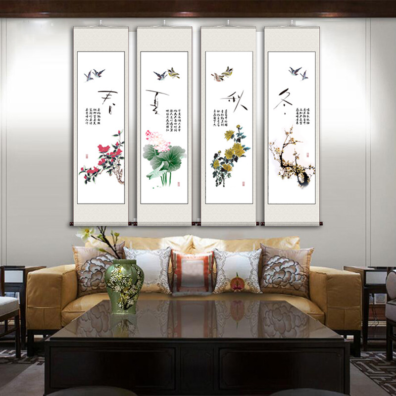 Chinese style decoration painting Meranzhu Chrysanthemum Hanging Painting Living Room Book Room Four Screens Country Painting Scroll Modern Spring Summer And Autumn Winter Character Painting