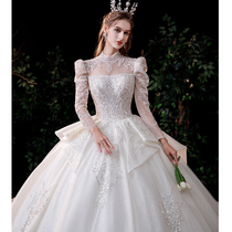 Heavy industry main wedding dress 2021 new bride temperament high end French court wind tailing large size slim long sleeve winter