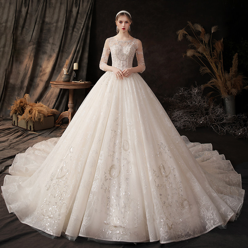 Wedding dress 2020 new bridal temperament starry sky tail large size forest department dream super fairy pregnant woman high waist cover pregnant belly light