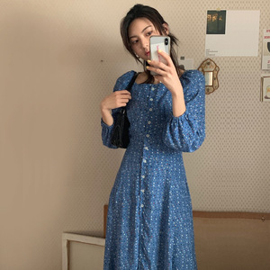 Korea Cherrykoko spring and summer new French retro long-sleeved floral square neck long dress