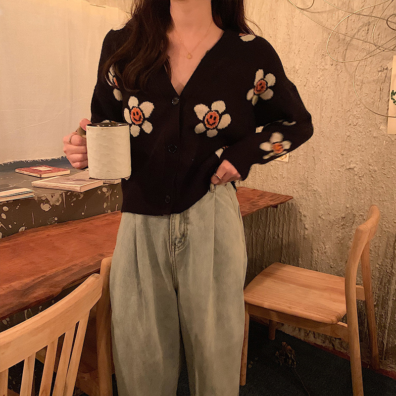 Korea Cherrykoko2020 new temperament all-match v-neck printed knitted cardigan jacket thick sweater women