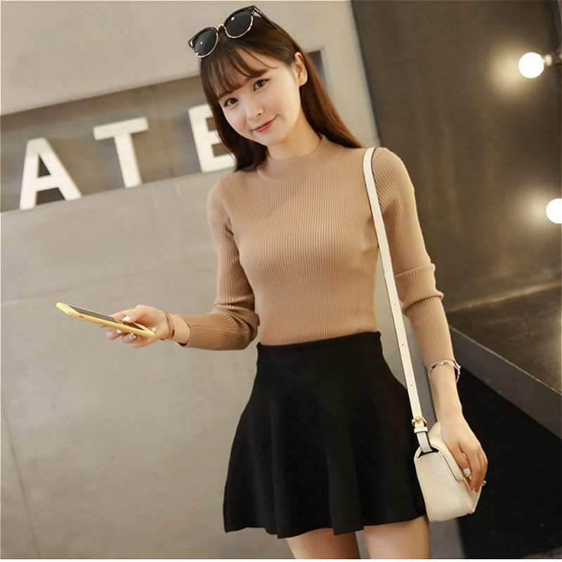 Korea cherrykoko solid color sweater women's spring pullover long-sleeved knitted bottoming shirt