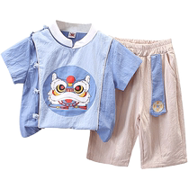 Yibeitong Hanfu suit boys summer cotton and linen short-sleeved two-piece set new childrens baby Chinese style summer clothes