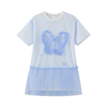 Ueki childrens clothing for big children with ear-shaped butterfly mesh stitching girls dress 2024 summer new style childrens fashion