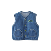 Qi Qi Xiong Boys Denim Vest Childrens Spring and Autumn Outerwear 2024 New Vest Baby Waistcoat Denim Vest Trendy