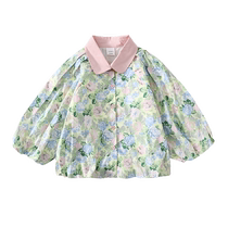 Ueki Childrens Clothing Contrast Color Puff Sleeve Lapel Floral Girls Shirt Medium and Large Childrens 2024 Spring Clothing New Childrens Oil Painting Style