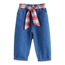 Mark Jenny autumn clothing new girls plaid bow belt cotton jeans childrens pants