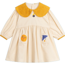 Maradin Childrens Clothing Girls Long Sleeve Dress Autumn New Contrast Color Large Lapel Design Long Sleeve Dress