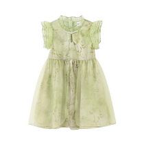 Ueki childrens clothing new Chinese style floral flying sleeves splicing skirt fungus edge mesh girls dress 2024 Xia Xin