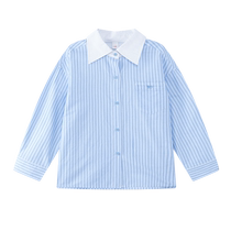 Left West Girl Shirt Spring Autumn Money Children Little Fresh Girl Blue White Bar Shirt Academy Wind Pure Cotton Turtcoat