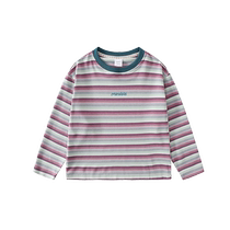 Ueki Childrens Clothing Striped Letters Contrast Color Stretch Knit Girls T-Shirt Medium and Large Children 2024 Spring Clothing New Childrens Trend