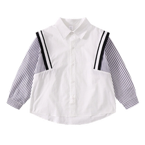 Ueki childrens clothing pure cotton splicing striped boys shirt medium and large children 2024 spring new style loose casual childrens trendy