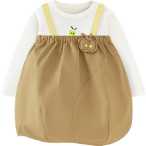 Mini Balabala girls long-sleeved suit childrens spring and autumn baby skin-friendly cotton baby T-shirt suspender skirt
