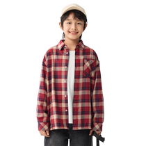 Balabala childrens clothing boys shirts long-sleeved medium and large childrens plaid printed shirts autumn and winter 2024 new tops trendy