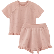 Guiqi Bear baby girl short-sleeved shorts set summer thin knitted sweater baby cotton outing suit two-piece set