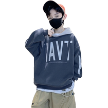 Yibeitong Boys Hooded Pullover Sweatshirt 2024 Spring and Autumn New Childrens Middle and Large Childrens Autumn Style Tops and Jackets