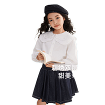 Girls white shirts older childrens spring and autumn inner wear childrens lapel puff sleeves princess trendy baby autumn shirts