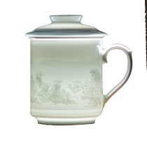 Gold inlaid jade Jingdezhen Huang Shouliang handmade shadow green carved ceramic tea cup high-end tea separate cup high-end tea set