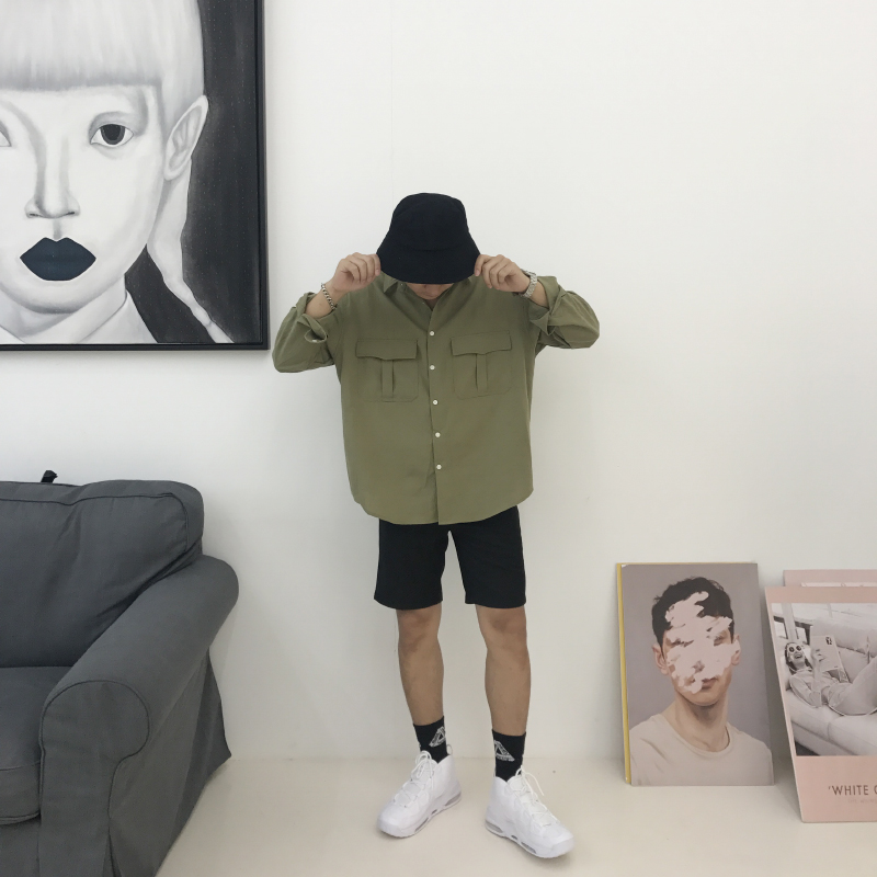 RKHL小温 秋季新款韩版复古简约纯色衬衫落肩休闲宽松长袖衬衣男