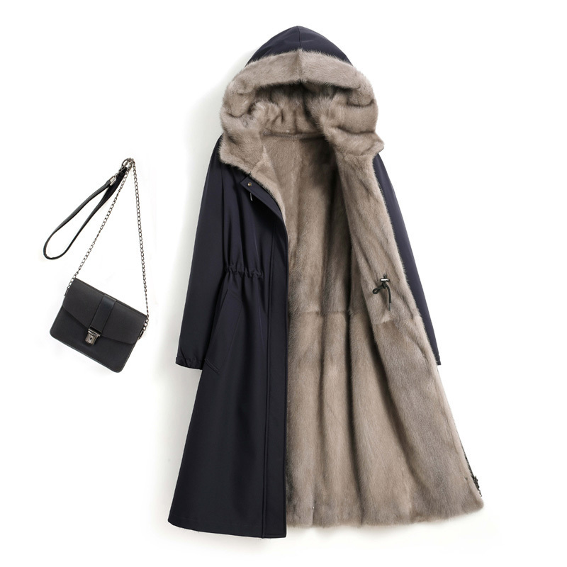 Parker 2025 New Women's Winter Mid-Length Mink Coat with Fur Lining, Whole Mink Fur, Reversible