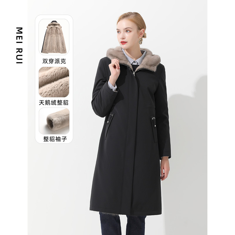 Imported Mink Fur Coat for Women, Full Mink Lining, Parka Style, Mid-Length, Detachable, Reversible Fur Coat