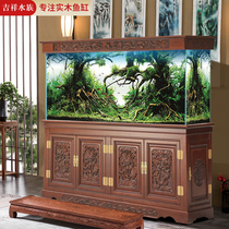 Auspicious solid wood fish tank Large living room floor-to-ceiling water change-free ultra-white household wall-to-wall filter arowana tank aquarium