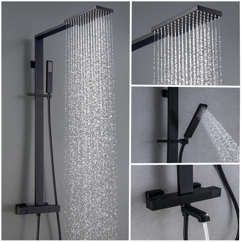 Shower head kit Nordic hotel home black square constant temperature full copper rain shower shower booster faucet