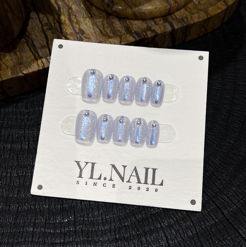 【Yl.Nail Misty Blue Veil】Handmade Nail Tips ins Unique Fragmented Diamond Blue Shrimp Line Dreamy Sparkling Wearable Nails