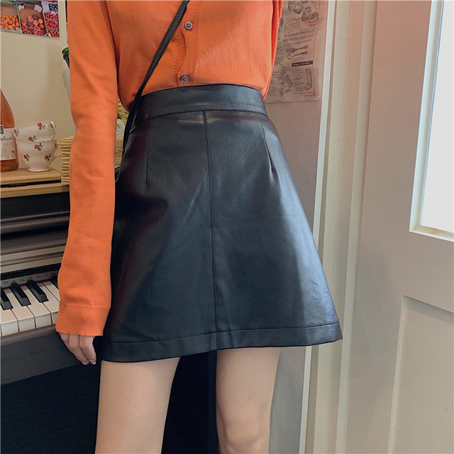 Plus size skirt pu ຫນັງ skirt ສໍາລັບແມ່ຍິງໃນພາກຮຽນ spring, ດູໃບໄມ້ລົ່ນແລະລະດູຫນາວ fat sister retro hip-covering slim a-line skirt students short skirt